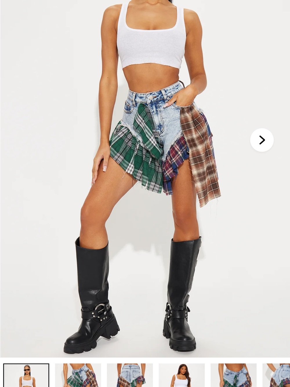 Fashion Nova Plaid Patchwork Denim Mini Skirt in Green and Brown